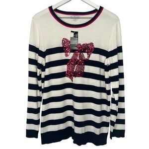 Kim Rogers Intarsia Christmas Sweater Womens Medium Navy Striped Sequin Bow